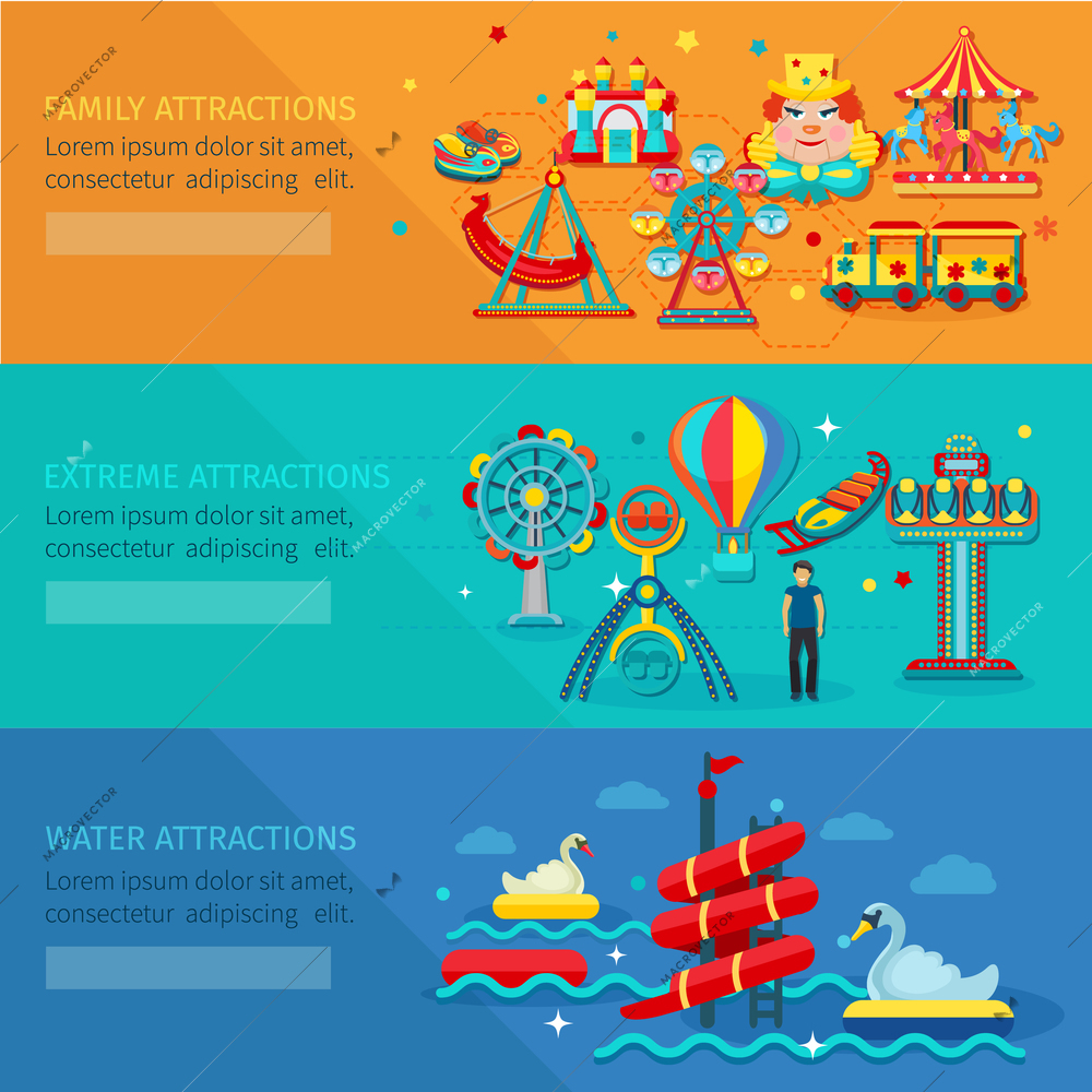 Amusement park horizontal banner set with water family extreme attractions flat elements isolated vector illustration