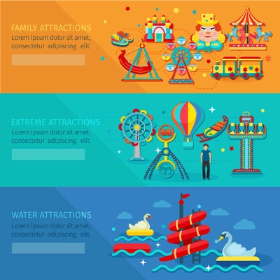 Amusement park horizontal banner set with water family extreme attractions flat elements isolated vector illustration