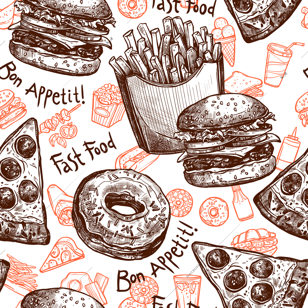 Fast food seamless pattern with hand drawn french fries pizza and doughnut vector illustration