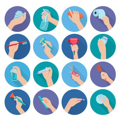 Hand holding personal hygiene objects flat icons set isolated vector illustration