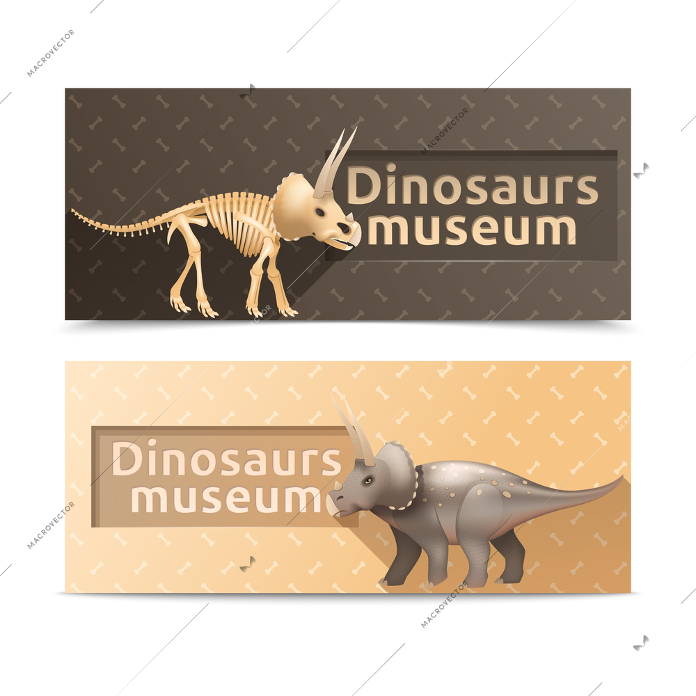 Horizontal triceratops dinosaurs museum banners and plates isolated vector illustration