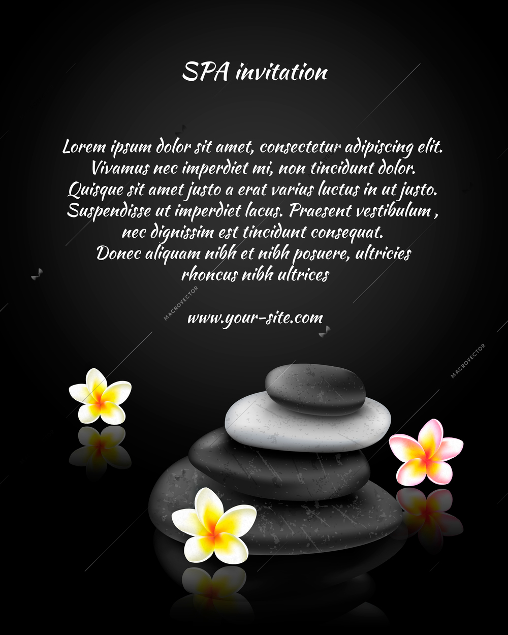 Spa invitation card with stones and exotic tropical flower vector illustration