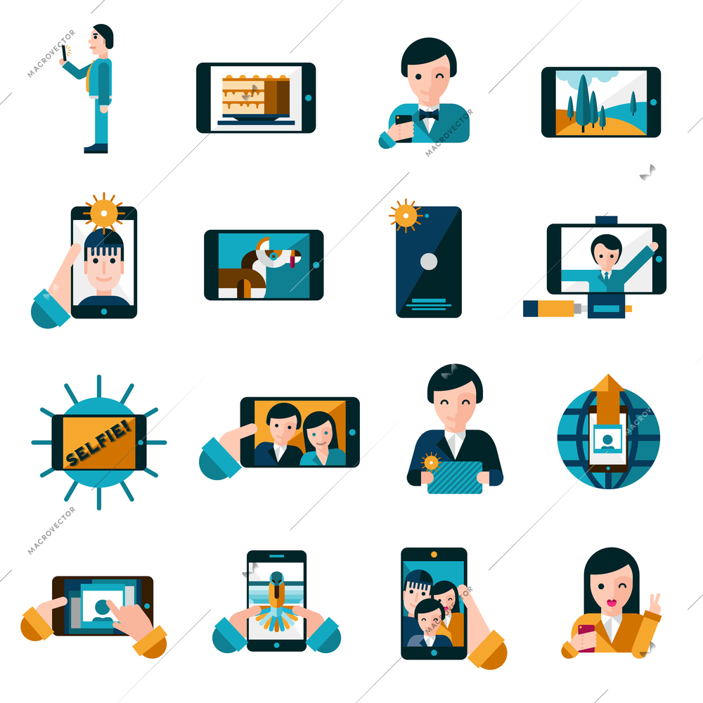 Mobile photo and selfie with smartphone icons set flat isolated vector illustration