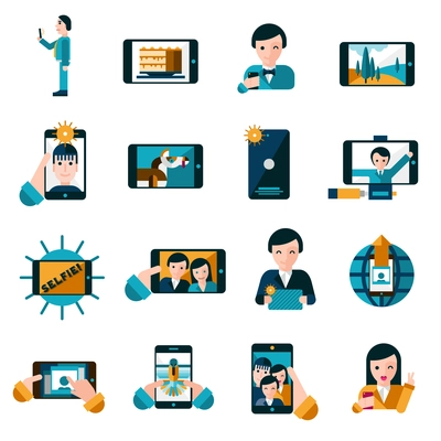 Mobile photo and selfie with smartphone icons set flat isolated vector illustration