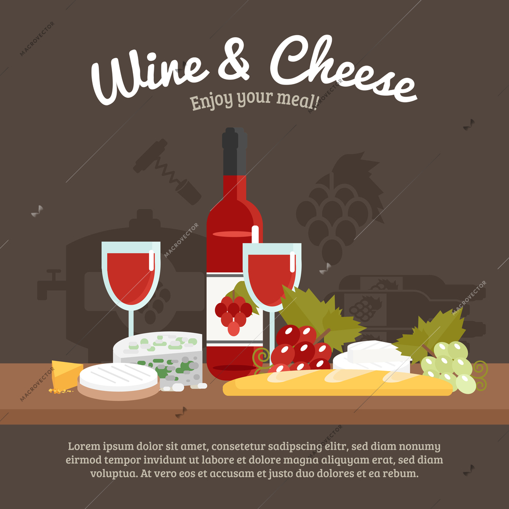 Wine and cheese still life with enjoy your meal tagline flat vector illustration