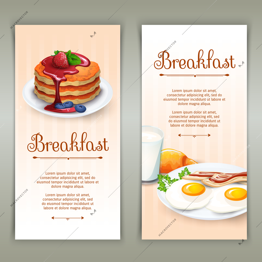 Full standard breakfast menu variants 2 flat vertical banners set with fried eggs abstract isolated vector illustration