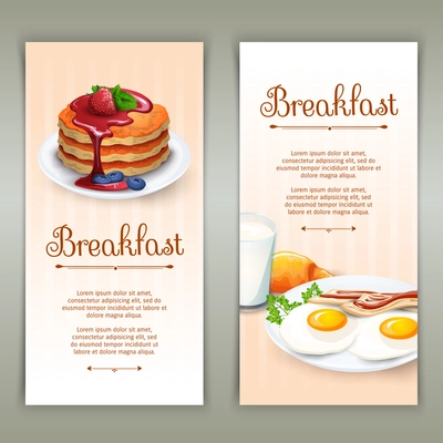 Full standard breakfast menu variants 2 flat vertical banners set with fried eggs abstract isolated vector illustration