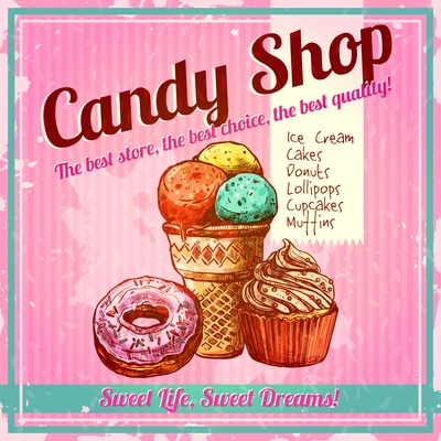 Vintage candy shop poster with sketch donut ice cream and cupcake on textured background vector illustration