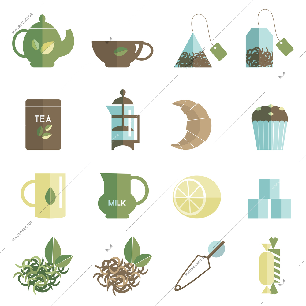 Traditional british tea accessories flat icons set with milk can lemon and teabags  abstract isolated  vector illustration