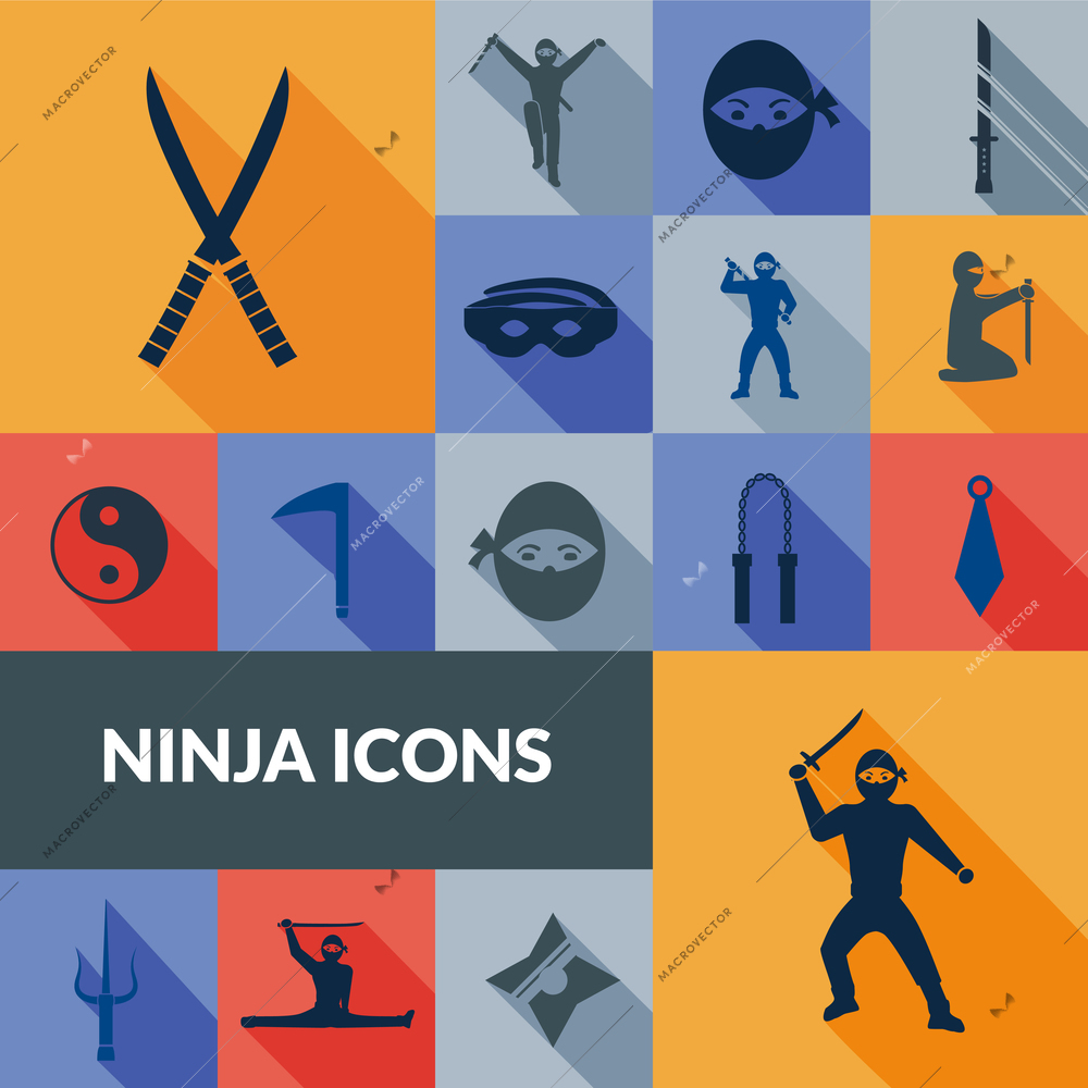 Ninja icons black long shadow set with traditional east weapon isolated vector illustration