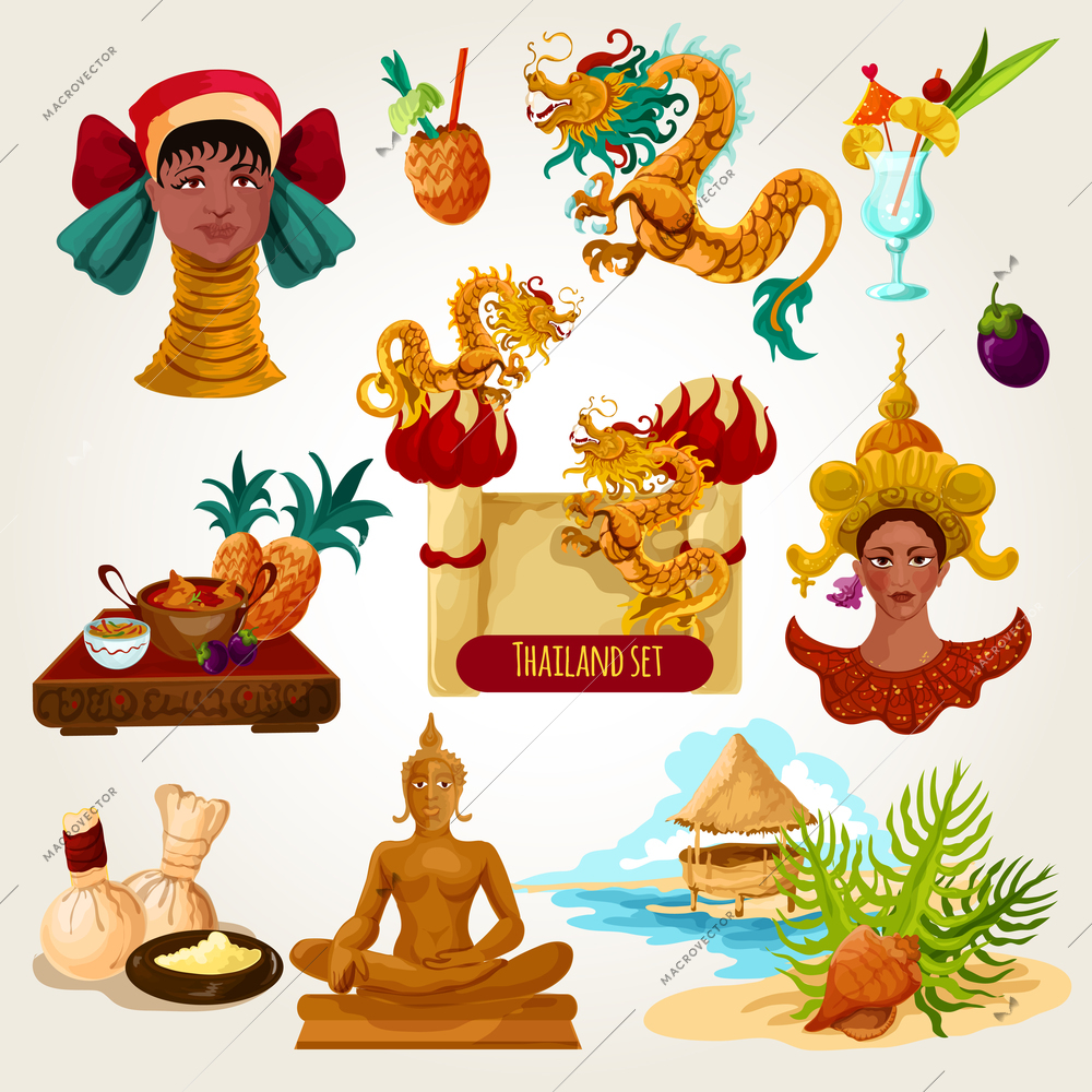 Thailand touristic set with cartoon decorative cocktail buddha statue tropical fruits isolated vector illustration