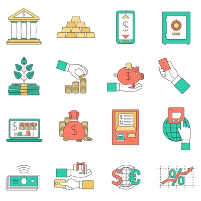 Banking business with exchange rates cash and credit cards icons set flat isolated vector illustration