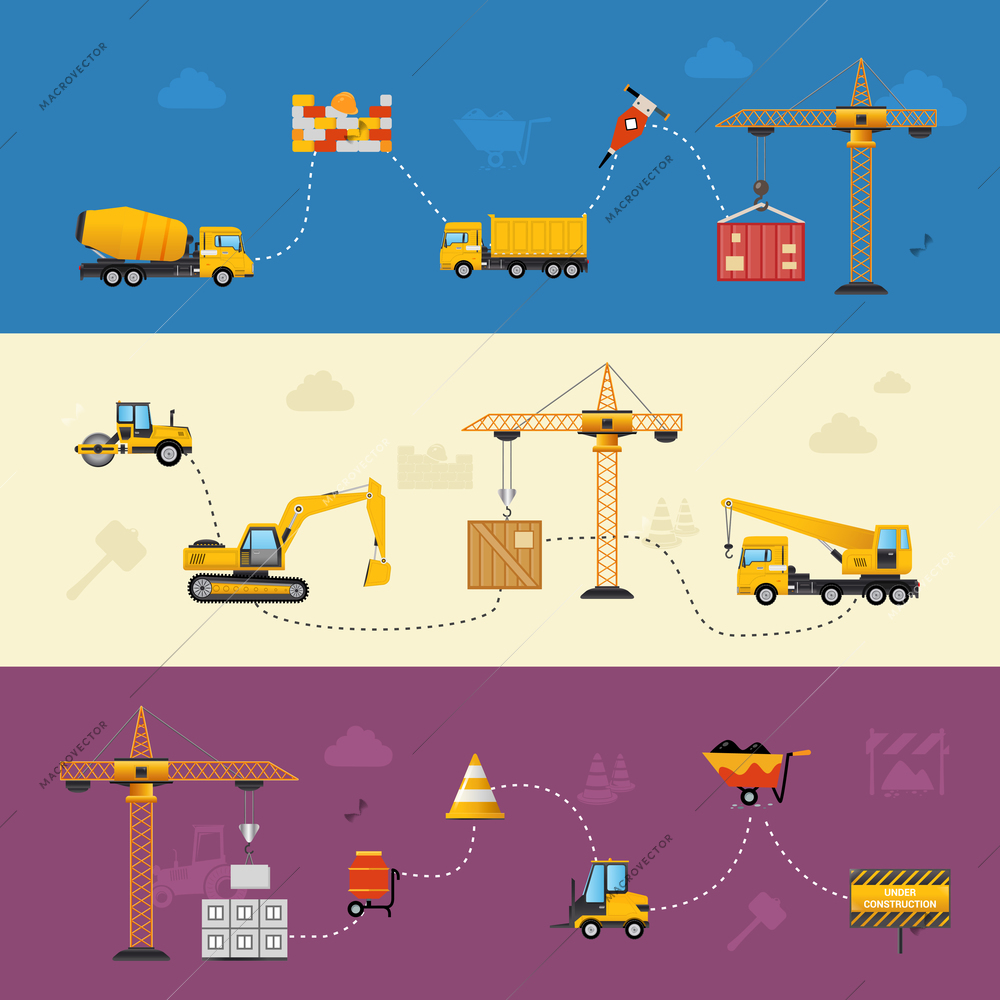 Building process horizontal banners set with flat house construction elements isolated vector illustration