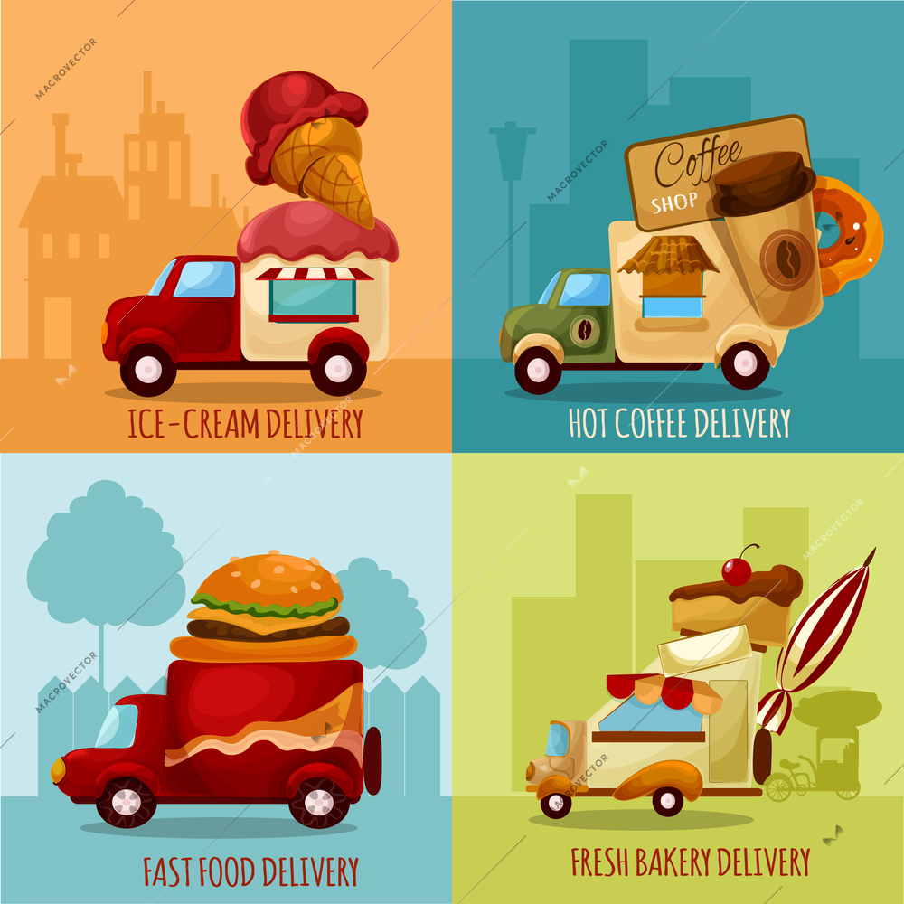 Mobile food stores and ice-cream hot coffee fresh bakery delivery cartoon icons set isolated vector illustration