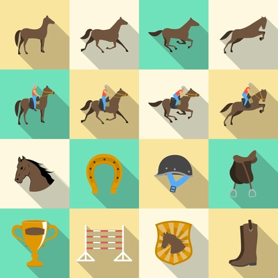 Horseback riding flat shadows icons set of horse rider sport dressage and horseshoe isolated vector illustration