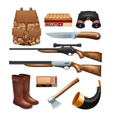 Hunting tackle and equipment icons set with rifles knives and survival kit isolated vector illustration