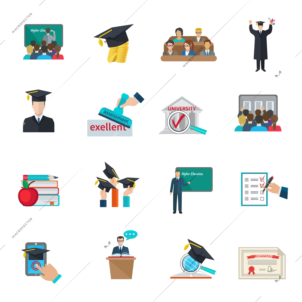 Higher education and graduation with cloaks and academic caps icons set flat isolated vector illustration
