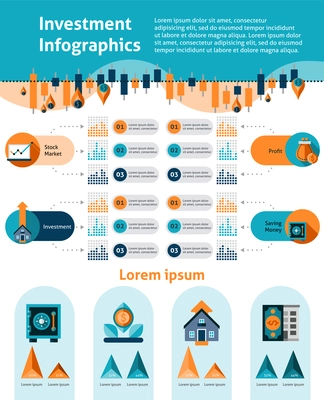 Investment infographics set with financial analytics symbols and infocharts vector illustration