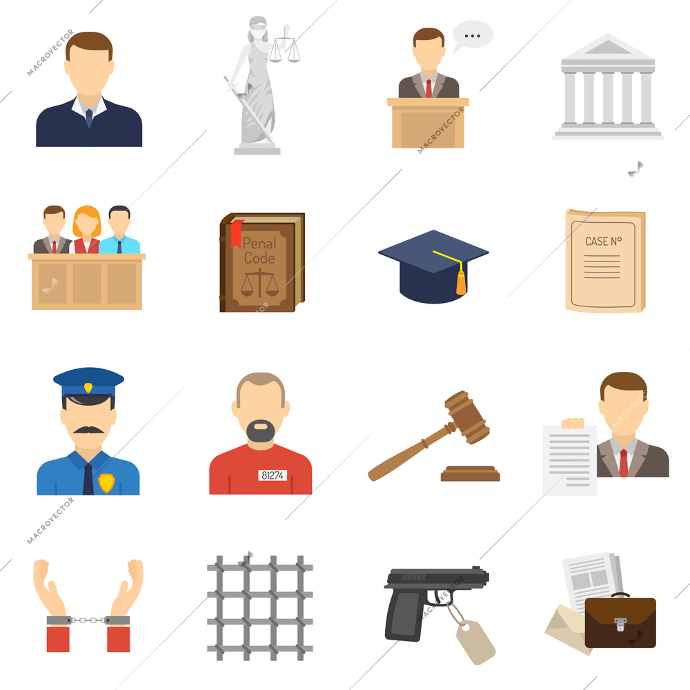 Criminal case proceeding flat icons set with lady justice and giving evidence witness abstract isolated vector illustration