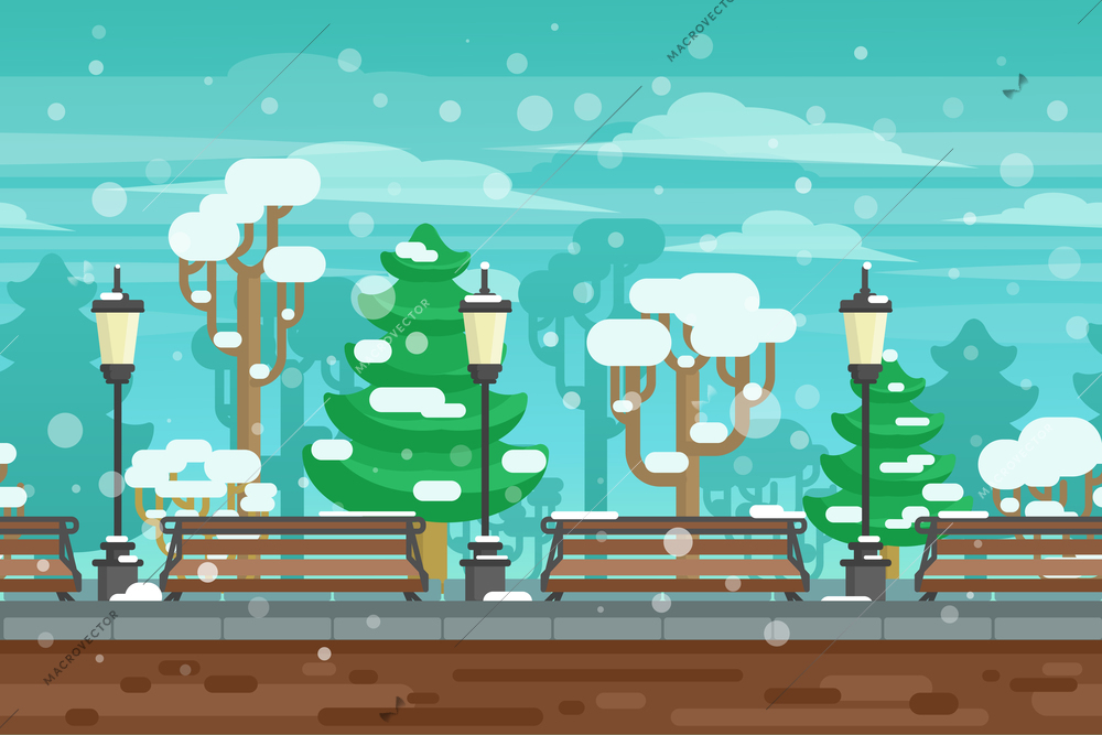 Winter garden landscape with lanterns and benches under snow doodle poster vector illustration