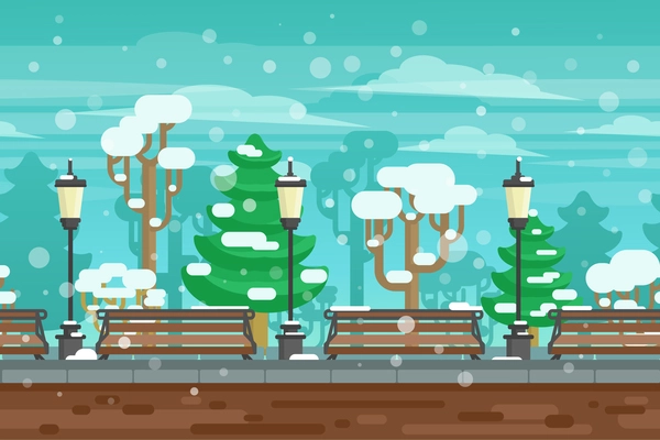 Winter garden landscape with lanterns and benches under snow doodle poster vector illustration