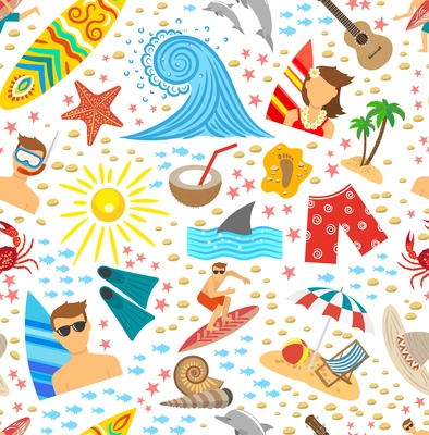 Surfing vacation and tropical beach symbols seamless pattern vector illustration