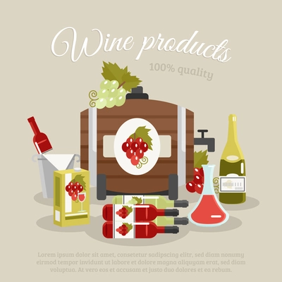 Wine products tagline still life with bottles and keg flat poster vector illustration