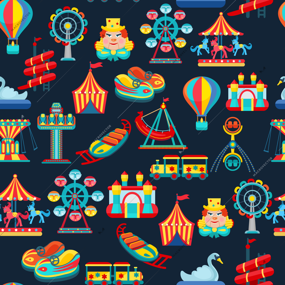 Amusement park seamless pattern with children attractions flat vector illustration