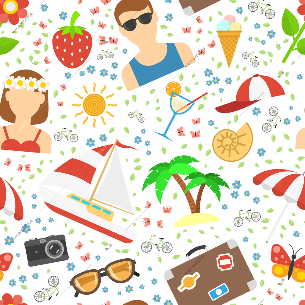 Summer and vacation concept background with flowers beach and yacht flat vector illustration