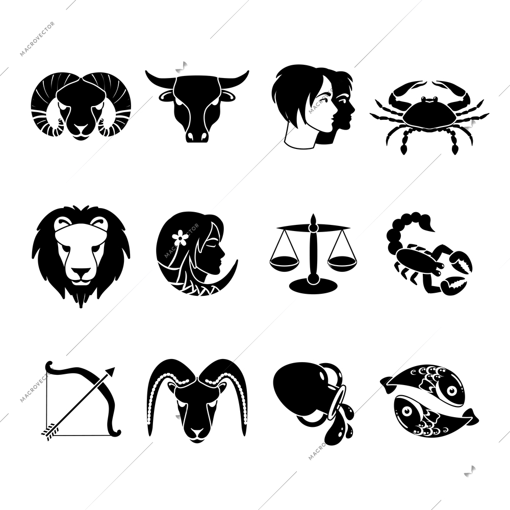 Stylized icons set of twelve zodiac signs for every day of birth  black  abstract isolated vector illustration