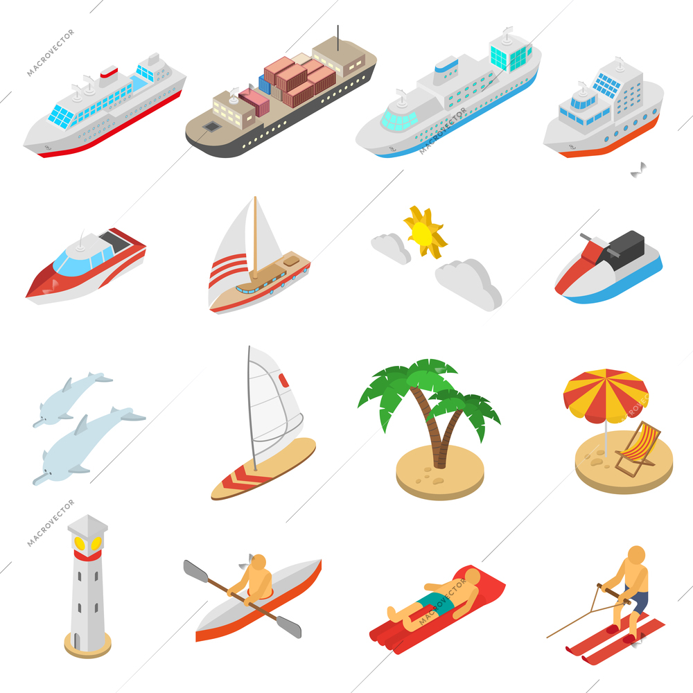 Ships yachts boats and beach vacation isometric icons set isolated vector illustration