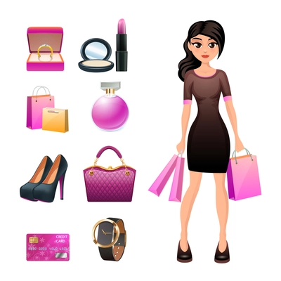 Woman shopping character with fashion accessories jewelry and cosmetics elements isolated vector illustration