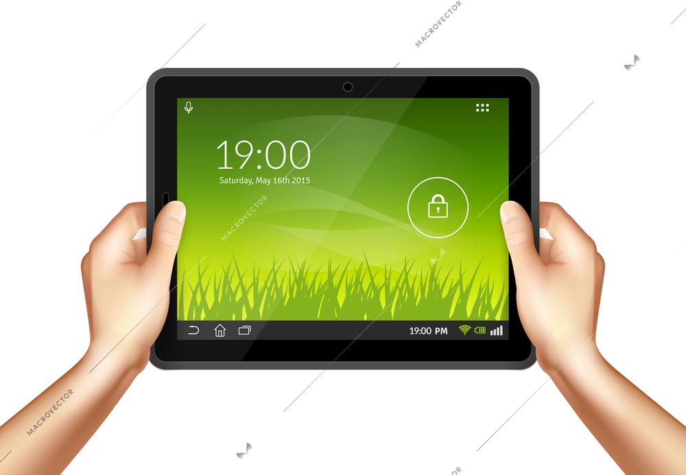 Realistic human hands holding mobile pc tablet isolated on white background vector illustration