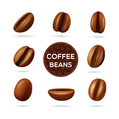 Dark roasted coffee beans set in different positions and round label concept vector illustration