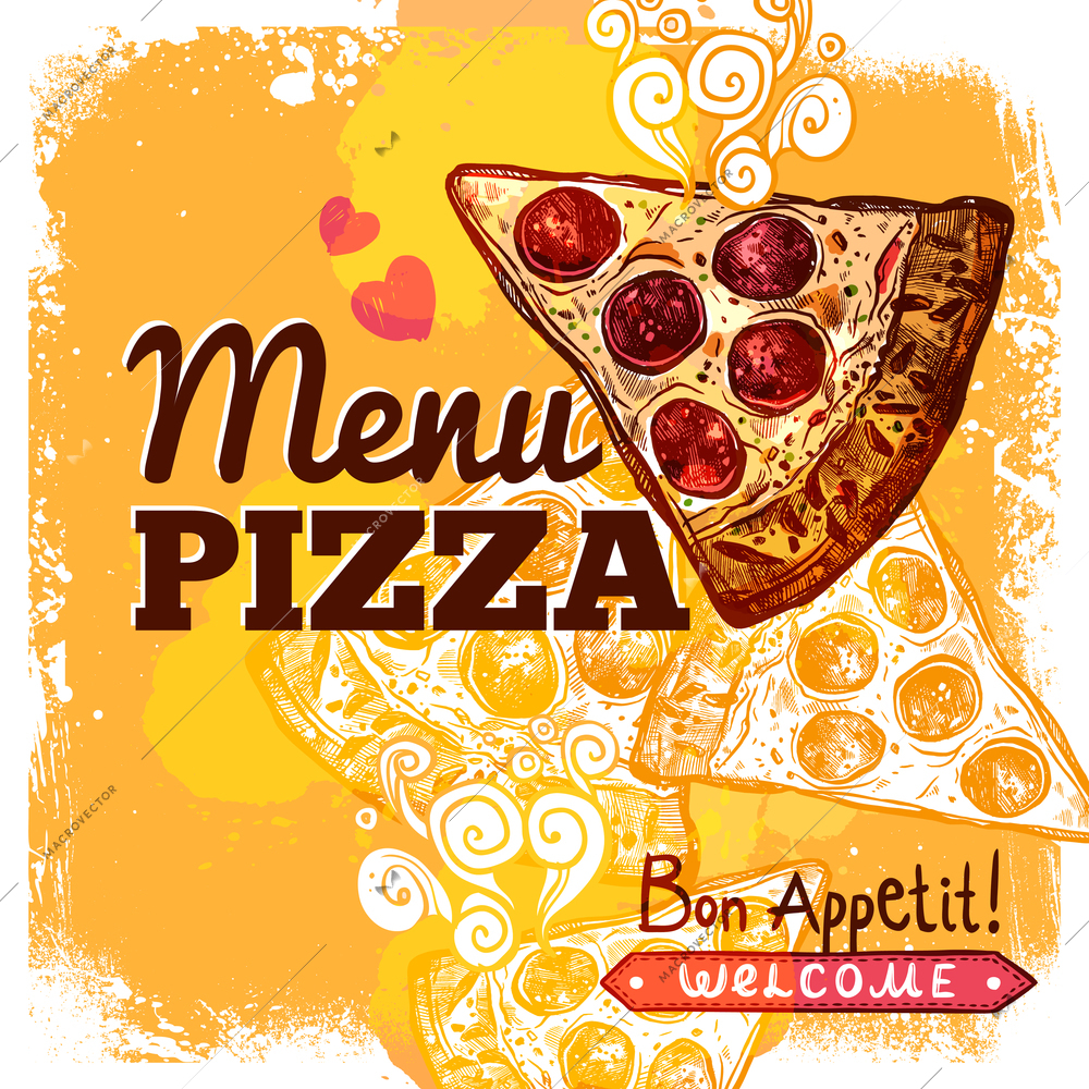 Fast food restaurant menu cover template with hand drawn pizza slice vector illustration