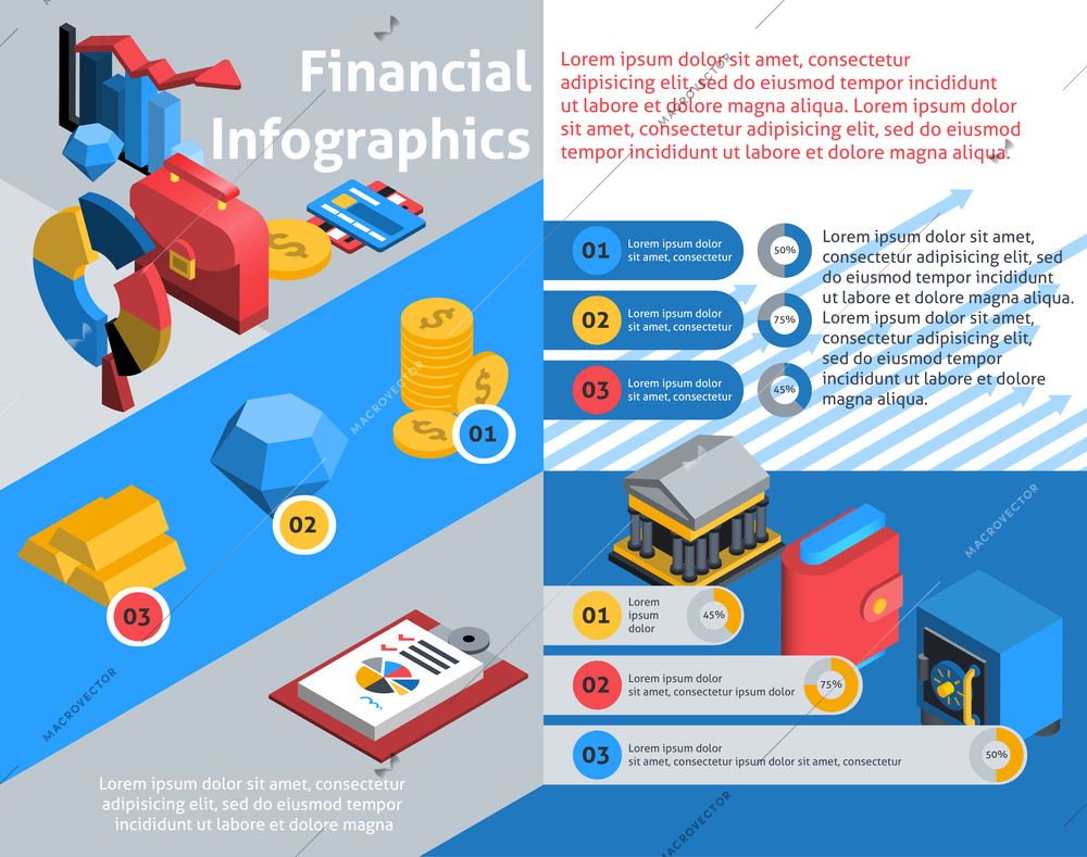 Financial infographics set with isometric banking and investment symbols vector illustration