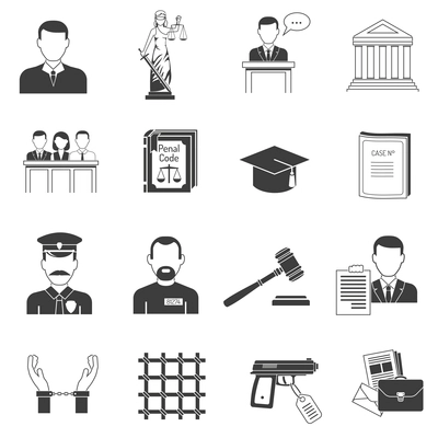 Legal justice verbal process black icons set with jury penal and handcuffed convict abstract isolated vector illustration