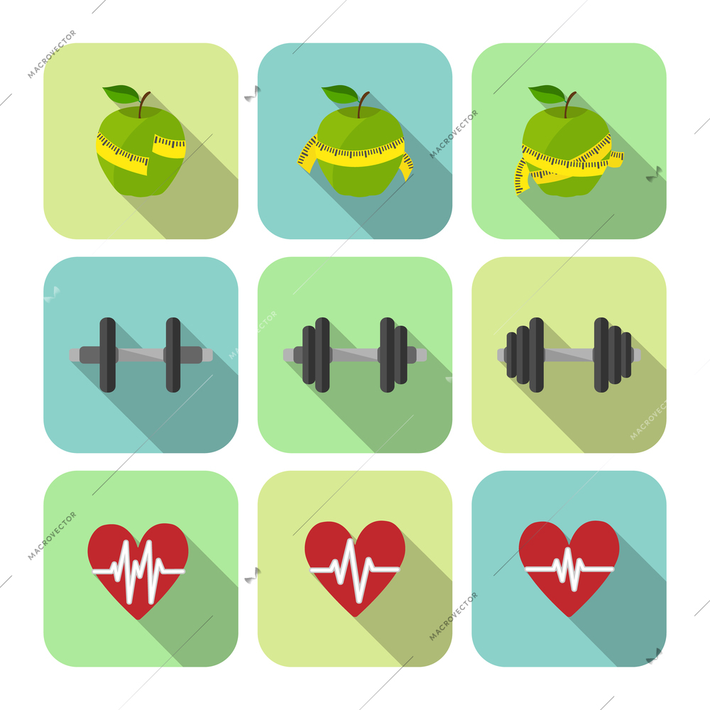 Fitness sport exercises progress icons set of heart rate diet and dumbbells isolated vector illustration