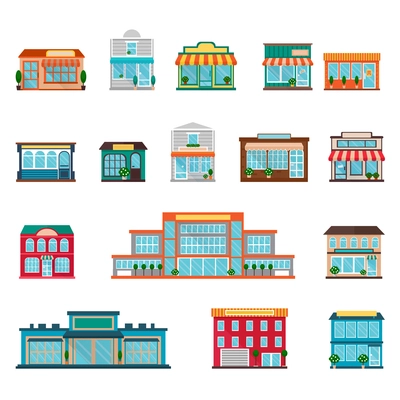 Stores and supermarkets big and small buildings icons set flat isolated vector illustration