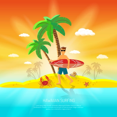 Surfing beach concept with surfer with board and palm on background flat vector illustration