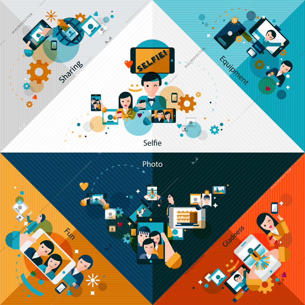 Mobile photo corners set with selfie equipment social sharing elements isolated vector illustration