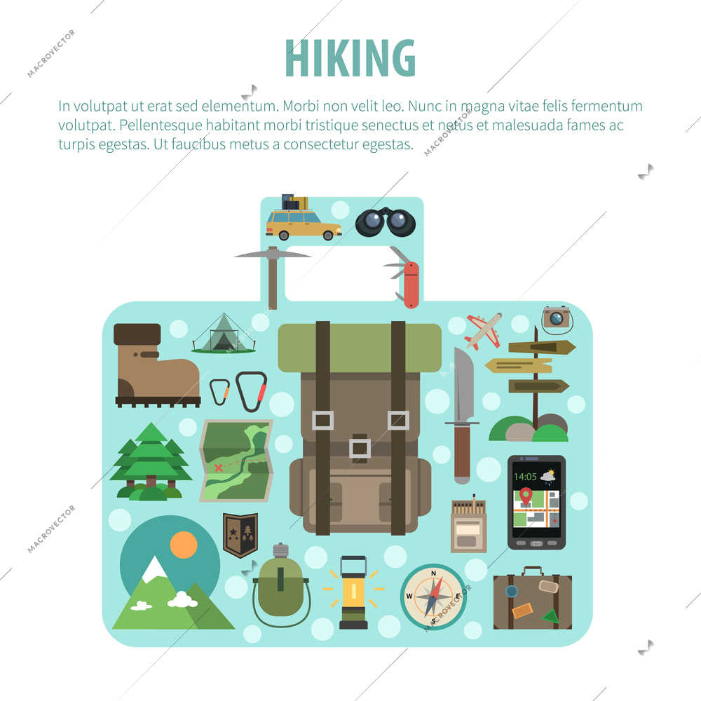 Outdoor active hiking vacation tours advertisement flat icons composition in suitcase luggage shape banner abstract vector illustration