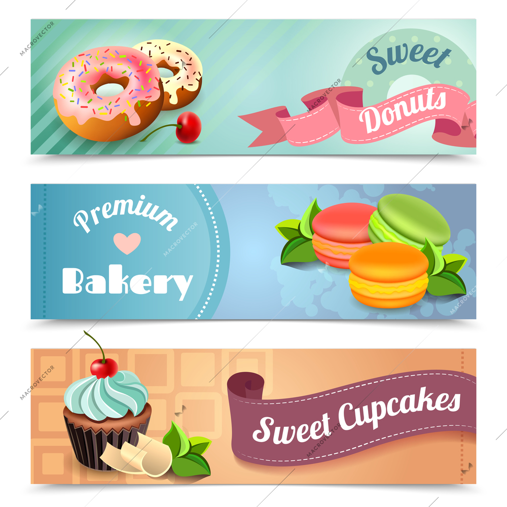 Bakery horizontal banners set with sweet donuts and cupcakes elements isolated vector illustration