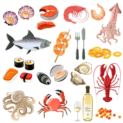 Seafood icons set with sushi lobster shrimp and white wine bottle isolated vector illustration