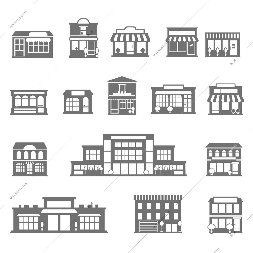 Stores malls buildings and shopping black white icons set flat isolated vector illustration