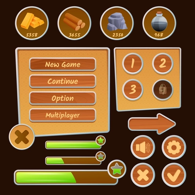 Resource icons and menu elements for strategy games on the brown background isolated vector illustration