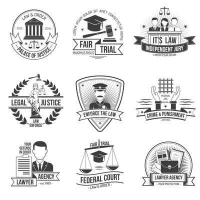 Justice police and law enforcement label set isolated vector illustration