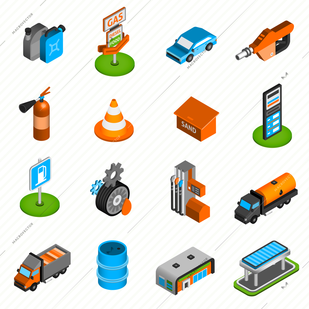 Gas diesel station isometric icons collection of fuel  pump nozzle and fire extinguisher abstract isolated vector illustration