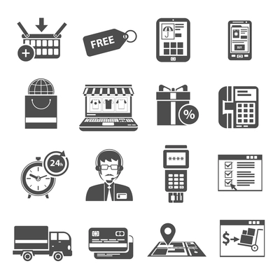 Online store purchase  and e-commerce icons black set isolated vector illustration