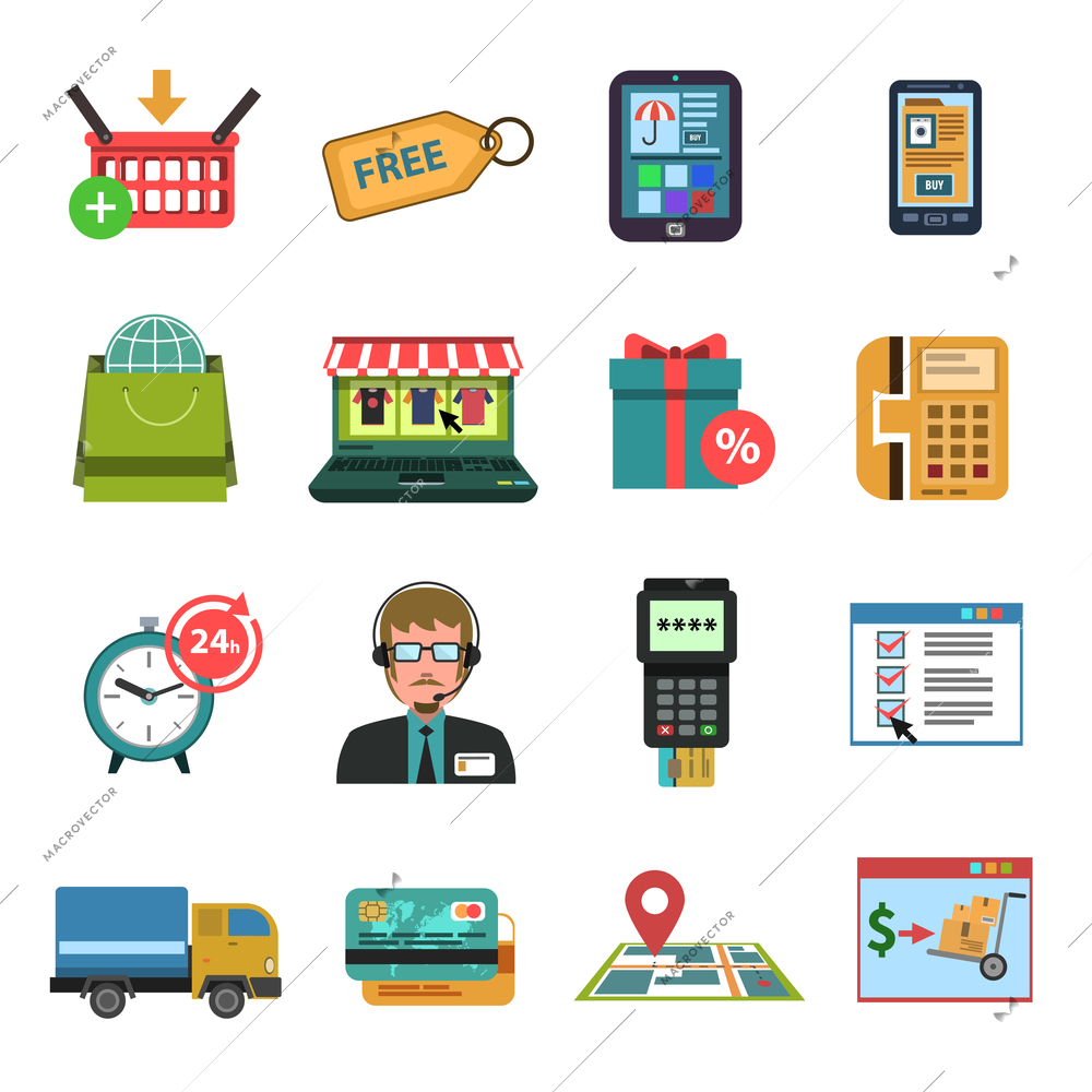Online shopping commerce and marketing icons flat set isolated vector illustration